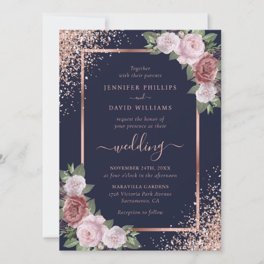 Floral Roos Gold Navy Blue Blush Pink Wedding Kaart (Voorkant)