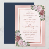 Floral Roos Gold Navy Blue Blush Wedding Kaart (Voorkant / Achterkant)