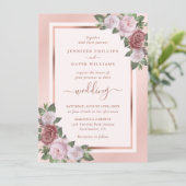 Floral Roos Gold Navy Blue Blush Wedding Kaart (Staand voorkant)