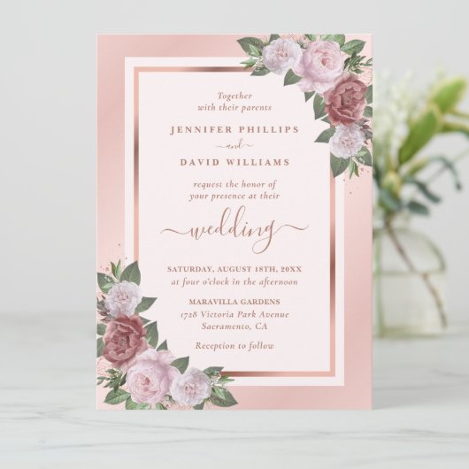 Floral Roos Gold Navy Blue Blush Wedding Kaart (Staand voorkant)