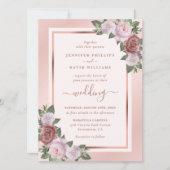 Floral Roos Gold Navy Blue Blush Wedding Kaart (Voorkant)