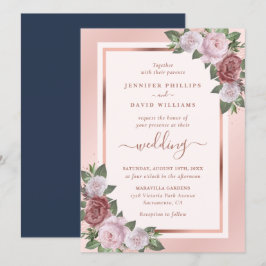 Floral Roos Gold Navy Blue Blush Wedding Kaart