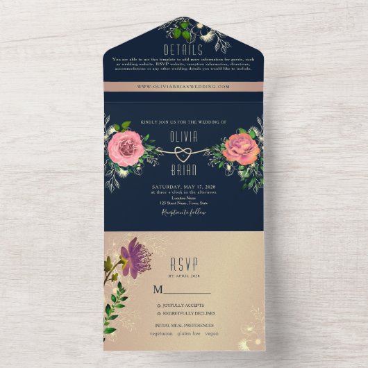 Floral Roos Gold Navy Blue Fotobruiloft All In One Uitnodiging (Binnen)