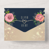 Floral Roos Gold Navy Blue Fotobruiloft All In One Uitnodiging (Achterkant)