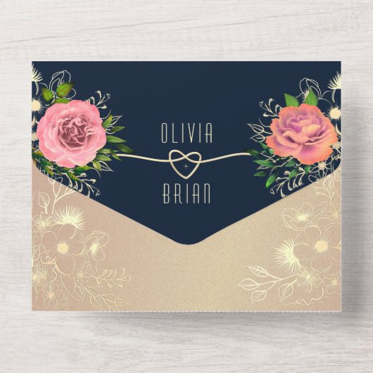Floral Roos Gold Navy Blue Fotobruiloft All In One Uitnodiging (Achterkant)