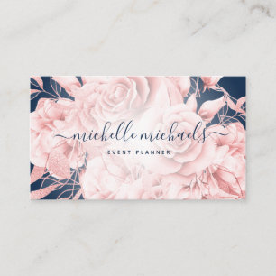 Floral Roos Gold Navy Modern Script Visitekaartje