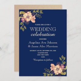 Floral Roos Gold Navy Wedding Kaart