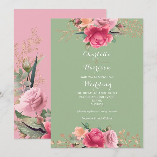Floral Roos Gold Pink Green Rozen Luxury Wedding Kaart (Voorkant / Achterkant)