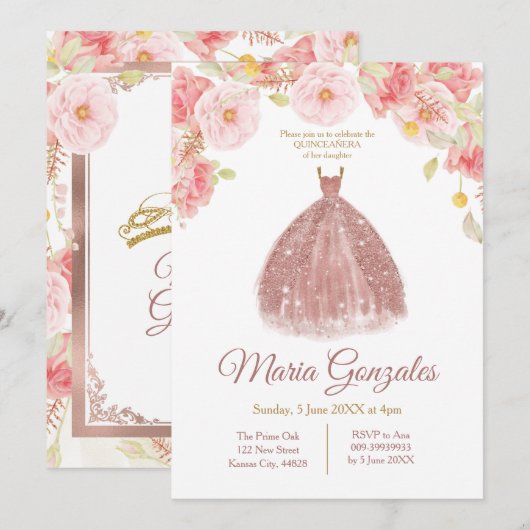 Floral Roos Gold Princess Quinceanera Kaart (Voorkant / Achterkant)