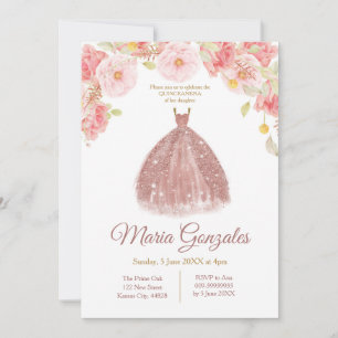 Floral Roos Gold Princess Quinceanera Kaart