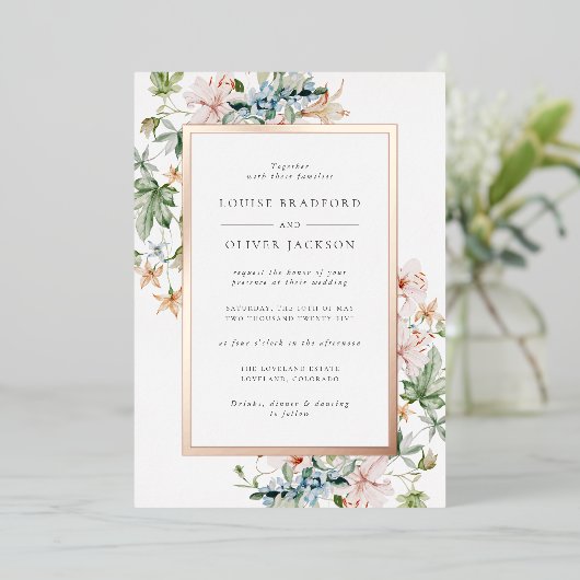 Floral Roos Gold Wedding Folie Uitnodiging (Staand Voorkant)