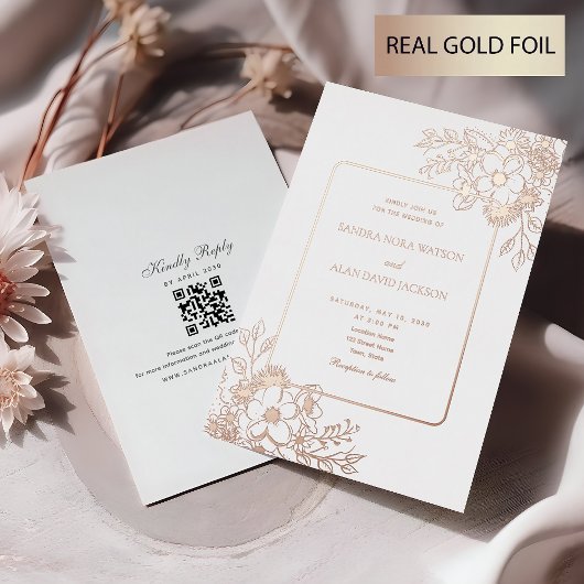 Floral Roos Gold Wedding Folie Uitnodiging