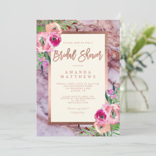 Floral Roos Goud Roze Marmeren bruiloft Vrijgezell Kaart (Staand voorkant)