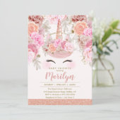 Floral Roos Gouden Glitter Eenhoorn Baby shower Kaart (Staand voorkant)