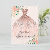 Floral Roos gouden jurk Sparkle Quinceanera Kaart (Staand voorkant)