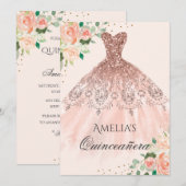 Floral Roos gouden jurk Sparkle Quinceanera Kaart (Voorkant / Achterkant)