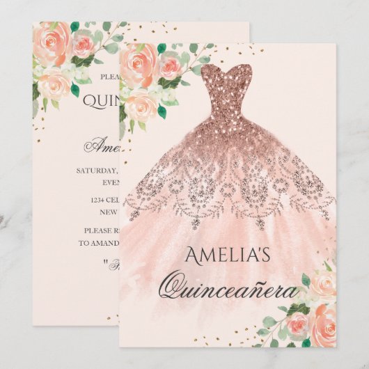 Floral Roos gouden jurk Sparkle Quinceanera Kaart (Voorkant / Achterkant)
