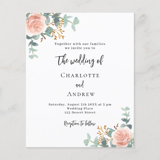 Floral roos gouden QR code budget bruiloft uitnodi Flyer (Voorkant)