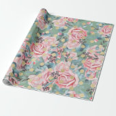 Floral roos goudpolka stip bloempatroon cadeaupapier (Uitgerold)