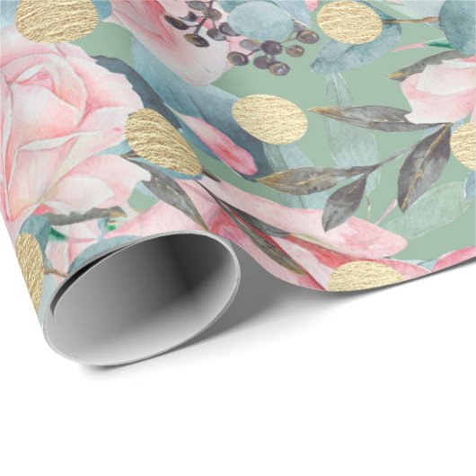 Floral roos goudpolka stip bloempatroon cadeaupapier (Rol Hoek)