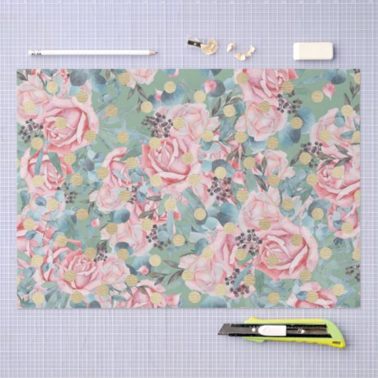 Floral roos goudpolka stip  bloempatroon tissuepapier (Craft)