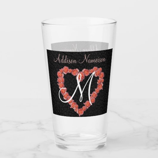 Floral Roos Heart monogram Weddenschap Glas (Voorkant)