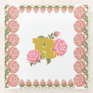 Floral Roos Initiaal Letter Monogram Naam Paar Glazen Onderzetter