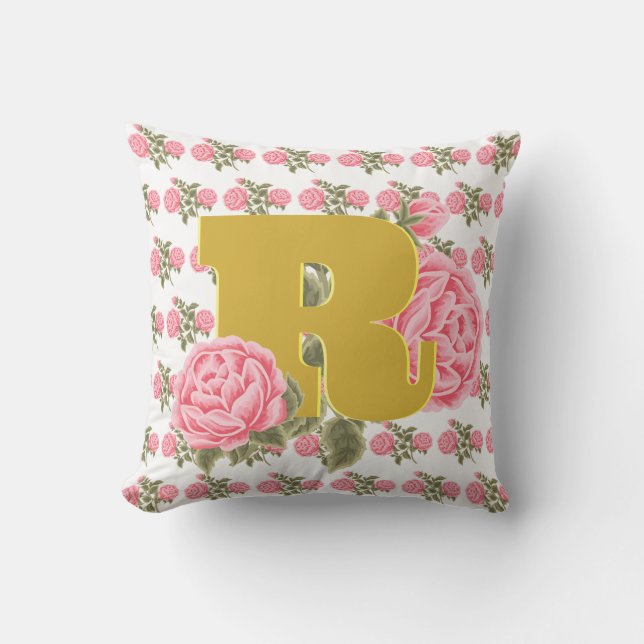 Floral Roos Initiaal Letter Monogram Naam Paar Kussen (Voorkant)