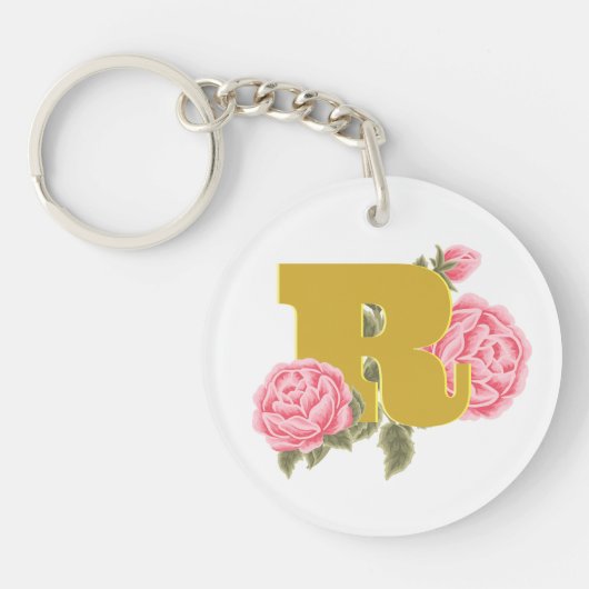 Floral Roos Initiaal Letter Monogram Naam Paar Sleutelhanger (Voorkant)