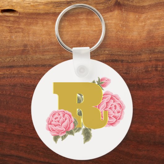 Floral Roos Initiaal Letter Monogram Naam Paar Sleutelhanger (Voorkant)