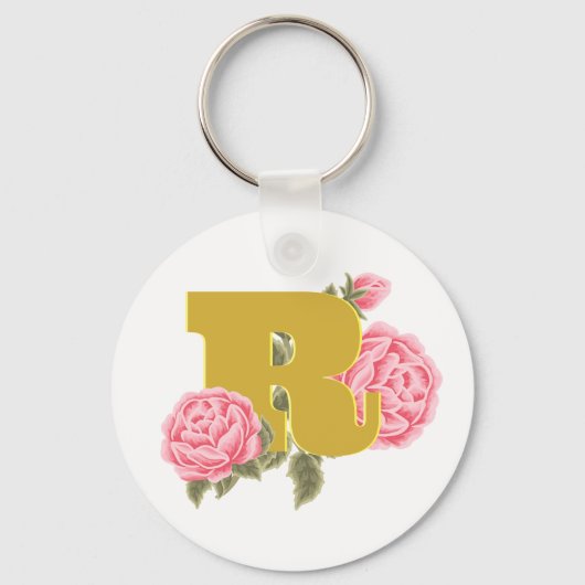 Floral Roos Initiaal Letter Monogram Naam Paar Sleutelhanger (Voorkant)