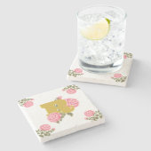 Floral Roos Initiaal Letter Monogram Naam Paar Stenen Onderzetter (Zijkant)