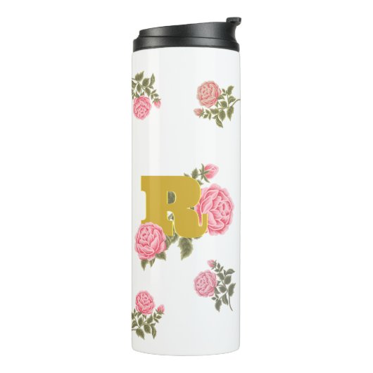 Floral Roos Initiaal Letter Monogram Naam Paar Thermosbeker (Gedraaid links)