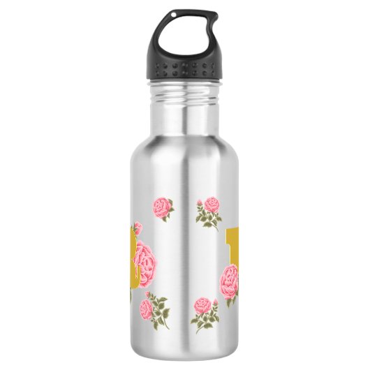Floral Roos Initiaal Letter Monogram Naam Paar Waterfles (Voorkant)