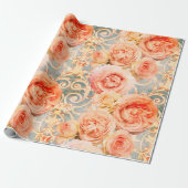  Floral Roos Koral Peach Damask Cadeaupapier (Uitgerold)