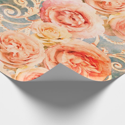  Floral Roos Koral Peach Damask Cadeaupapier (Hoek)