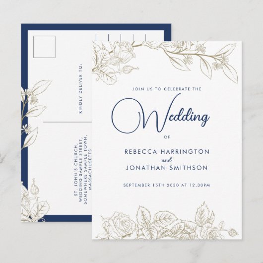 Floral Roos Navy Blue Gold Wedding Invitation Briefkaart (Voorkant / Achterkant)