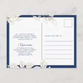 Floral Roos Navy Blue Gold Wedding Invitation Briefkaart (Achterkant)