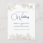 Floral Roos Navy Blue Gold Wedding Invitation Briefkaart (Voorkant)