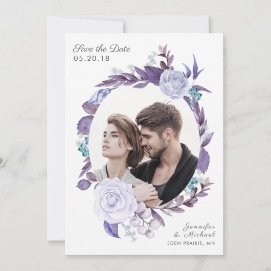 Floral Roos Paarse krans foto Save the Date (Voorkant)