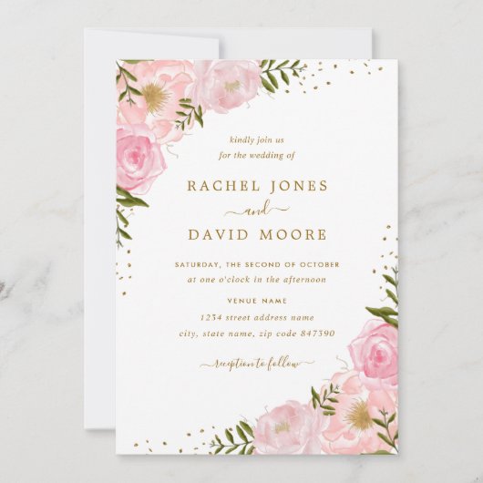 Floral Roos Pink Gold Waterverf Wedding Invite Kaart (Voorkant)