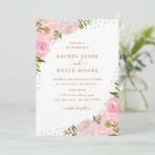 Floral Roos Pink Gold Waterverf Wedding Invite Kaart (Staand voorkant)