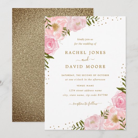 Floral Roos Pink Gold Waterverf Wedding Invite Kaart (Voorkant / Achterkant)