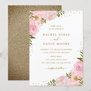 Floral Roos Pink Gold Waterverf Wedding Invite Kaart