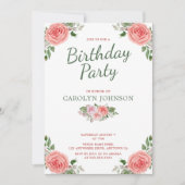 Floral Roos Pink & Green Birthday Party Invitation Kaart (Voorkant)