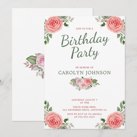 Floral Roos Pink & Green Birthday Party Invitation Kaart (Voorkant / Achterkant)