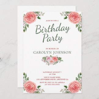 Floral Roos Pink & Green Birthday Party Invitation Kaart