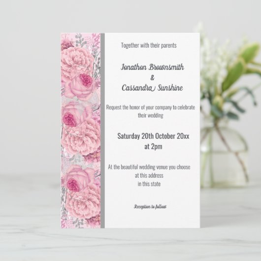 FLORAL ROOS PINK SILVER TRIM WHITWEDING KAART (Staand voorkant)