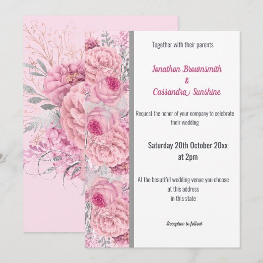 FLORAL ROOS PINK SILVER TRIM WHITWEDING KAART (Voorkant / Achterkant)