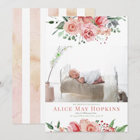 Floral Roos Roze Aangepast Foto Baby Girl Geboorte Aankondiging (Voorkant / Achterkant)